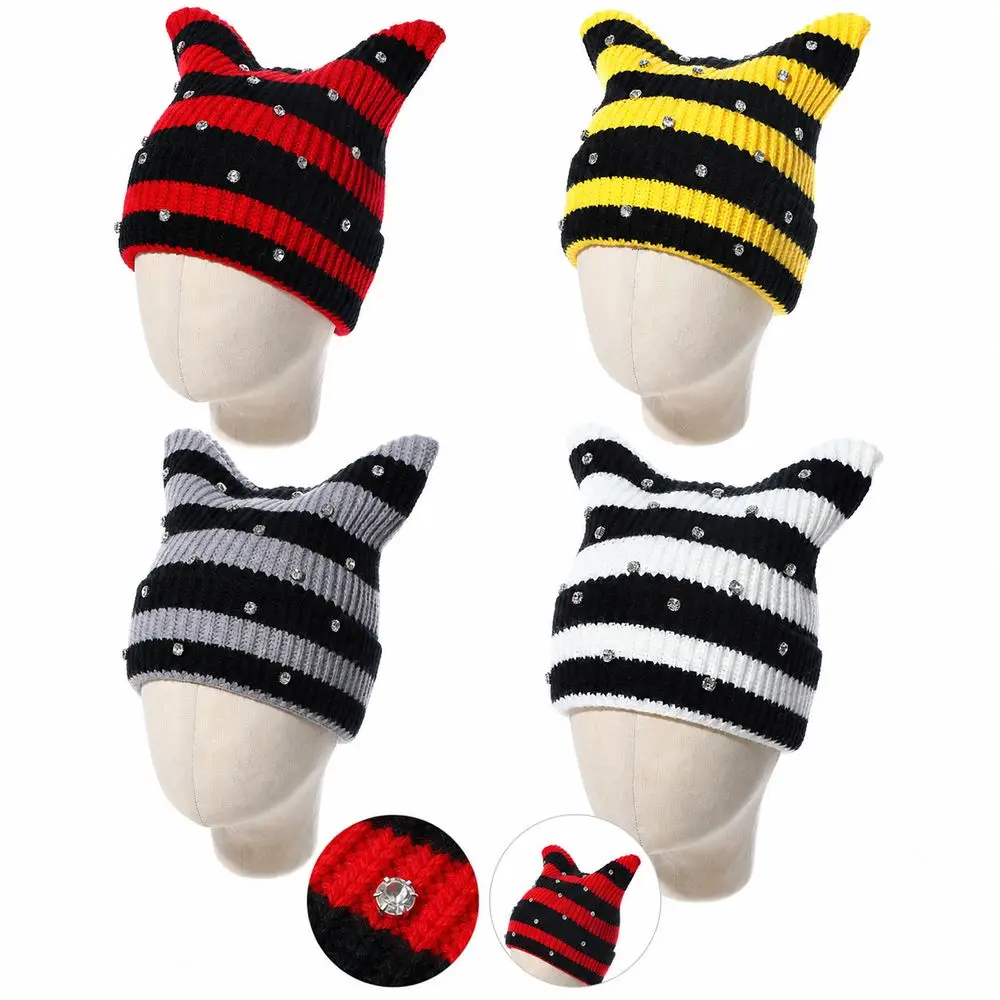 Gifts Yarn Cat Ear Beanie Stretchable Knit Y2K Harajuku Striped Hat Punk Gothic Crystal Knitted Beanie Hat Casual Streetwear