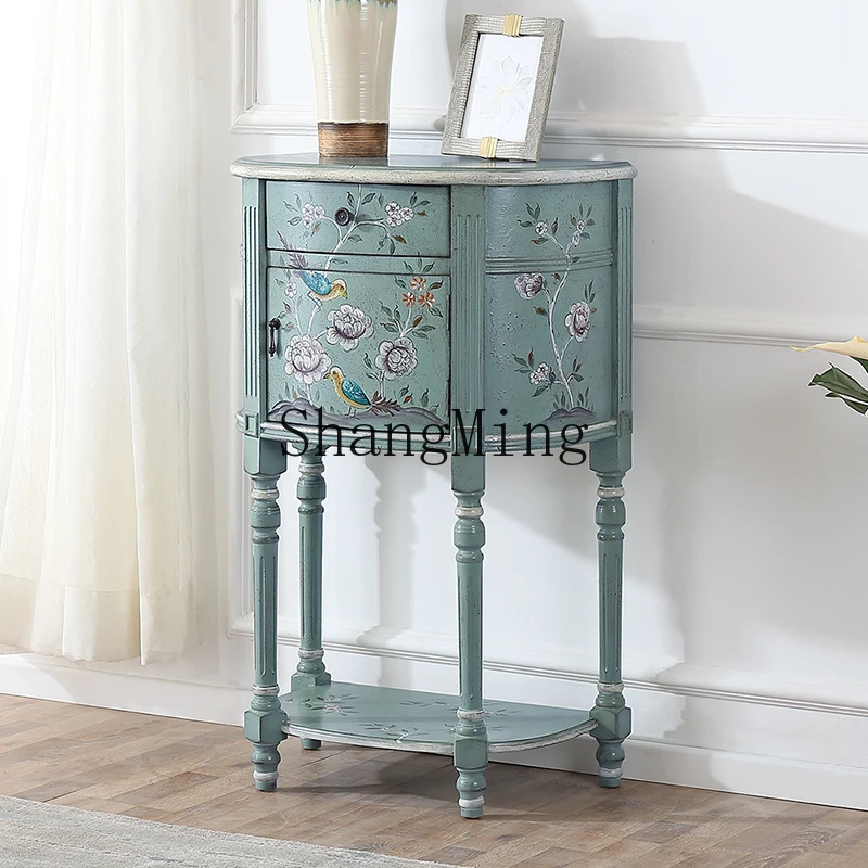

ZYY vintage blue semi-circular console solid wood feet distressed decoration painted living room small side table