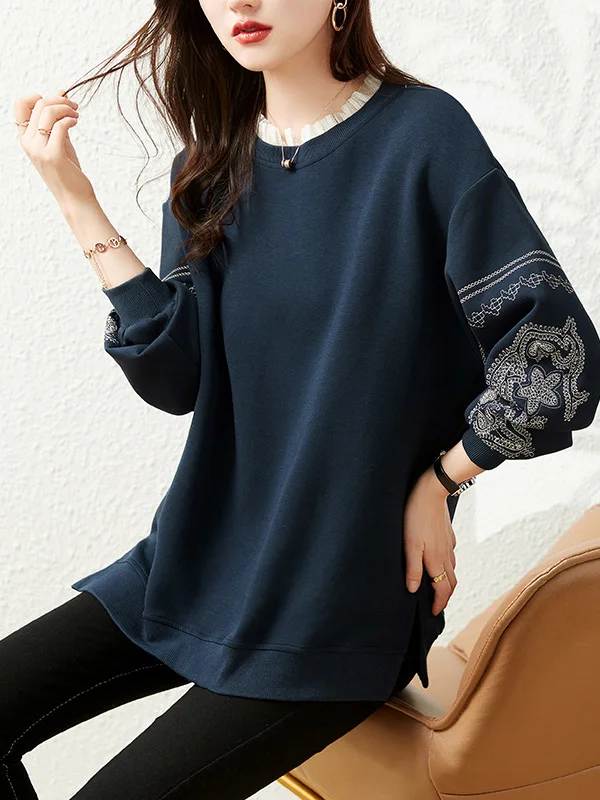 Dames losse pasvorm geborduurd fce gevoerd verdikt groot formaat sweatshirt casual sle hoge taille pure kleur herfst winter n...