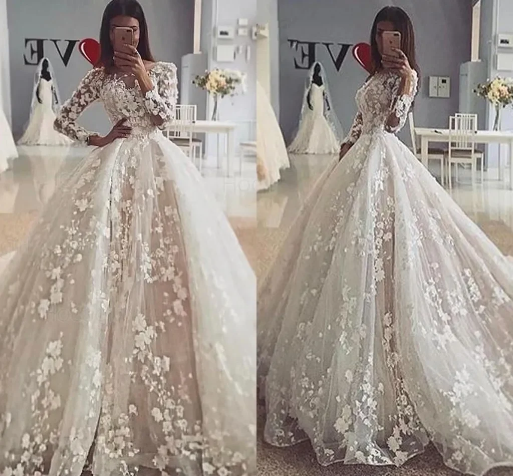 

Customized Beautiful Scoop Neck Lace Appliques Wedding Dresses Vestido Noiva Sweep Train Long Sleeves Country Style Bridal Go