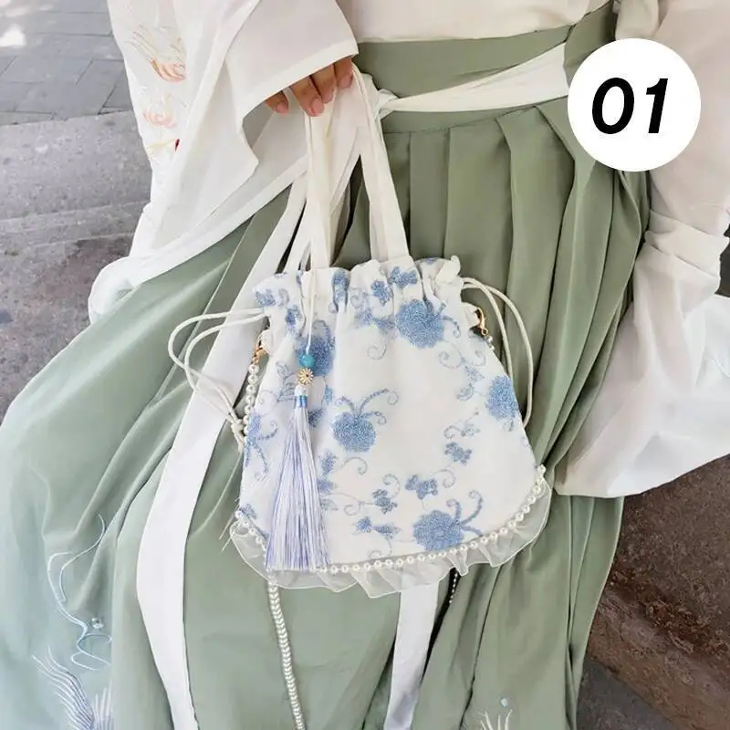

Chinese Style Pearl Hanfu Bag Ancient Purse Flower Embroidery Ruffles Handbag Wallets Tassel Crossbody Bags Hanfu Accessories