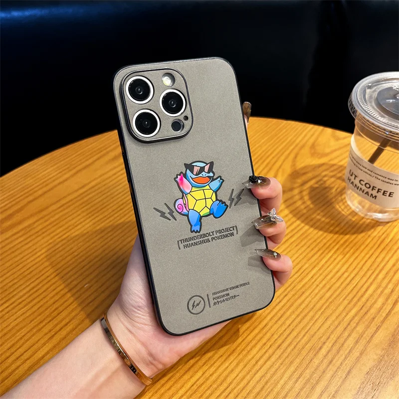 Cute Anime Cartoon P-Pokemon S-Squirtle Anti-fur Case For iPhone 16 15 14 13 12 11 Pro Max Suede Soft Leather Shockproof Cover