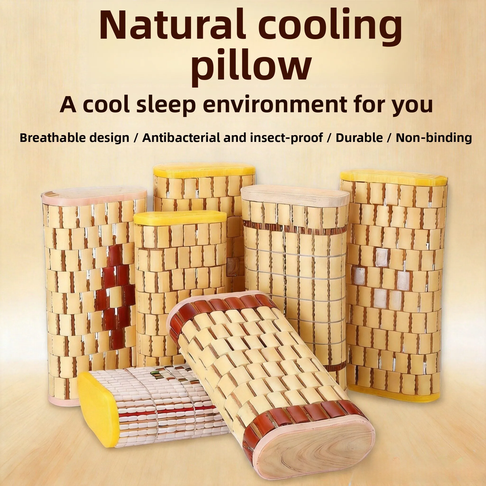 

Summer Bamboo Cooling Hollow Core Adult Pillow Natural Wood Health Care Neck Support Single Person Hard Pillow Rectangular Shape