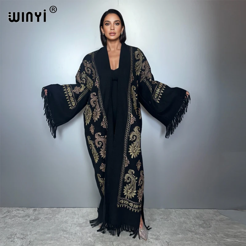

WINYI Winter Women tassel Embroidery kaftan Long Coat muslim woman dresses robe abaya dubai luxury Middle East Female kimono