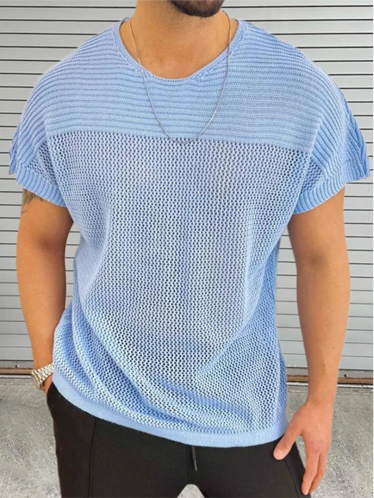 

Men's Thin Hollow ort Sve Knitted Sweater Summer Lightweight Breathable Color round Ne T-irt for Youth Daily Wear