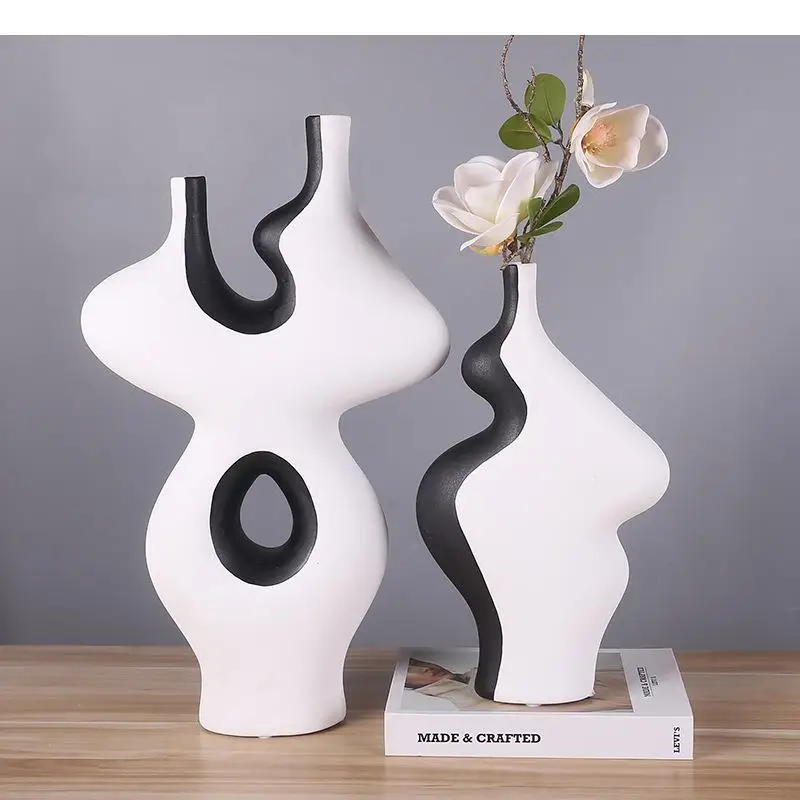 Black White Irregular Ceramic Vase Art Colorblock Flower Arrangement Living Room Decoration Modern Home Decor