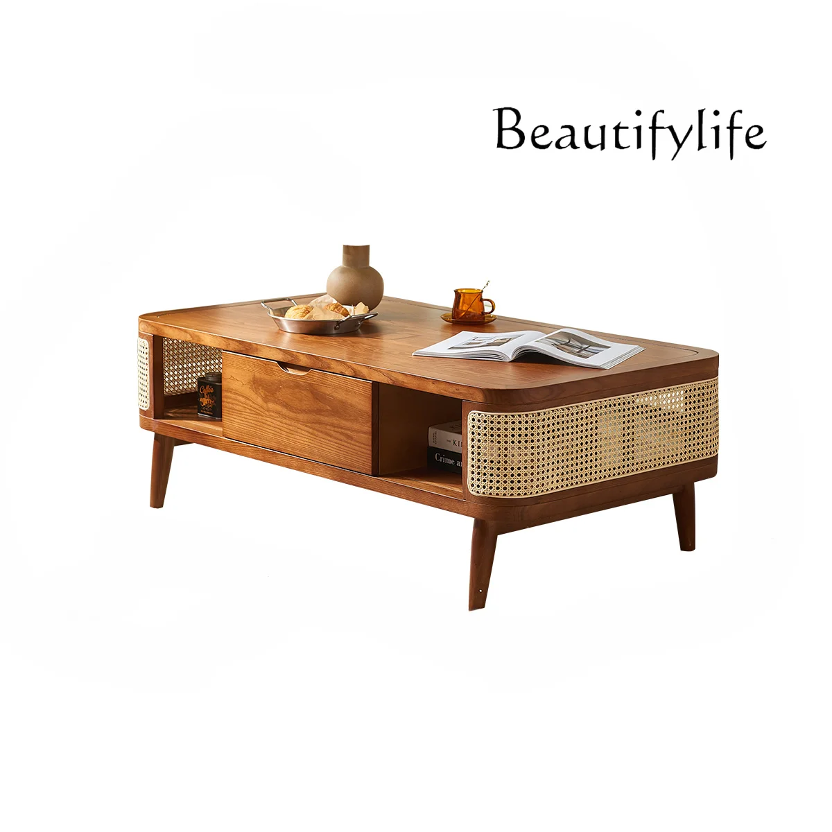 Chinese Style Rattan Drawer Coffee Table Living Room Practical Simple Ash Japanese Style Combination Furniture Walnut Color