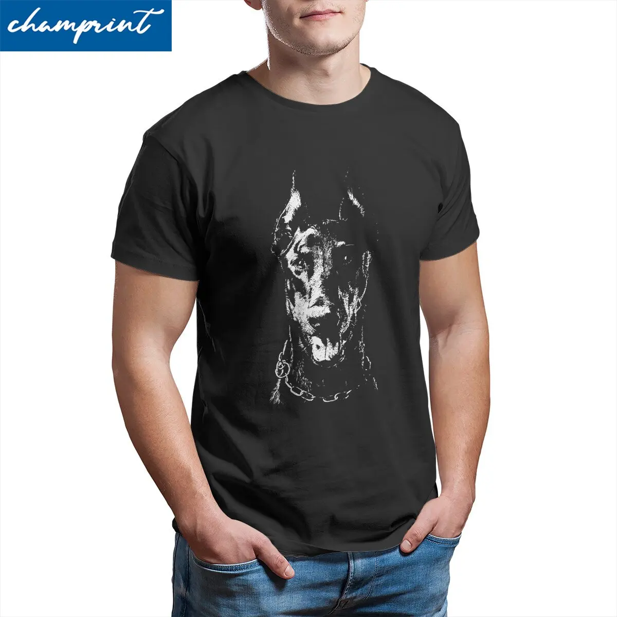 Men T-Shirt Doberman Novelty Cotton Tee Shirt Short Sleeve Silhouette,Canine Portrait T Shirts Crewneck Clothes Graphic Printed