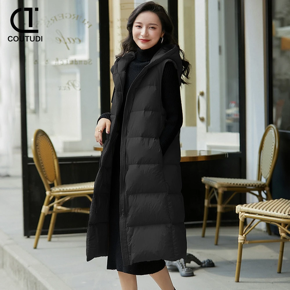 COUTUDI-Long Hooded Cotton Vest for Women, Sleeveless Coat, Puffer Jacket, Female Clothing, Winter and Autumn