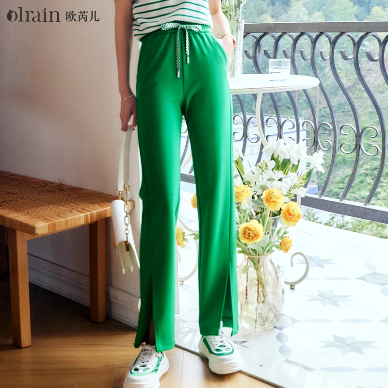 

OLrain Green Pants for Women 2025 Fashion Drawstring Waist Slit Straight-leg Sweatpant Pockets Fashion Trousers O22XK01621
