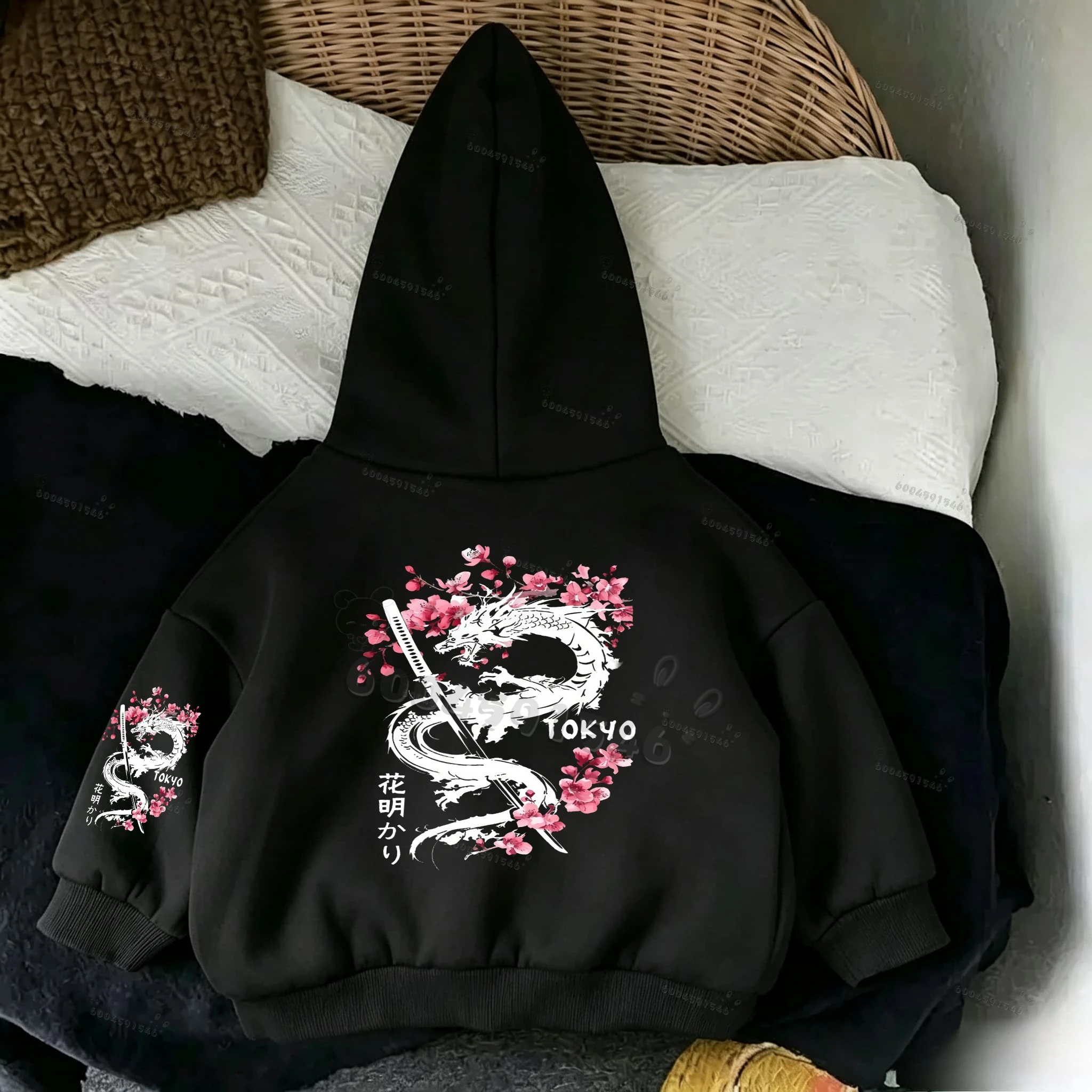 Kids Gray Hoodie Japanese Sakura Dragon Print Boys Casual Sweatshirt