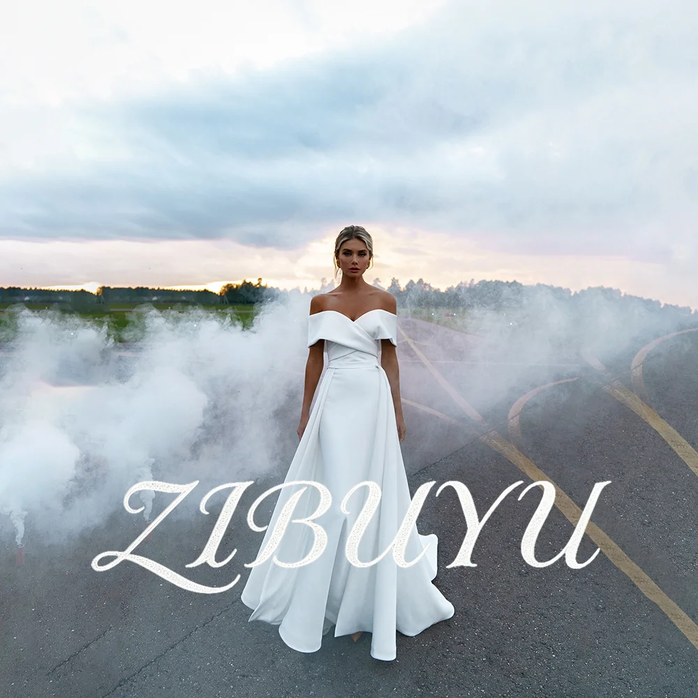 

ZIBUYU Customized Minimalist Wedding Dress Off-the-Shoulder Sweetheart Backless Satin Floor Length A-Line Train Bridal Gowns