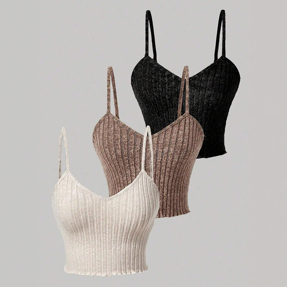 الدبابات الصيف الكورية عارضة حمالة بلون أكمام الحبيب الرقبة نحيل صالح ثلاث قطع الدبابات للنساء