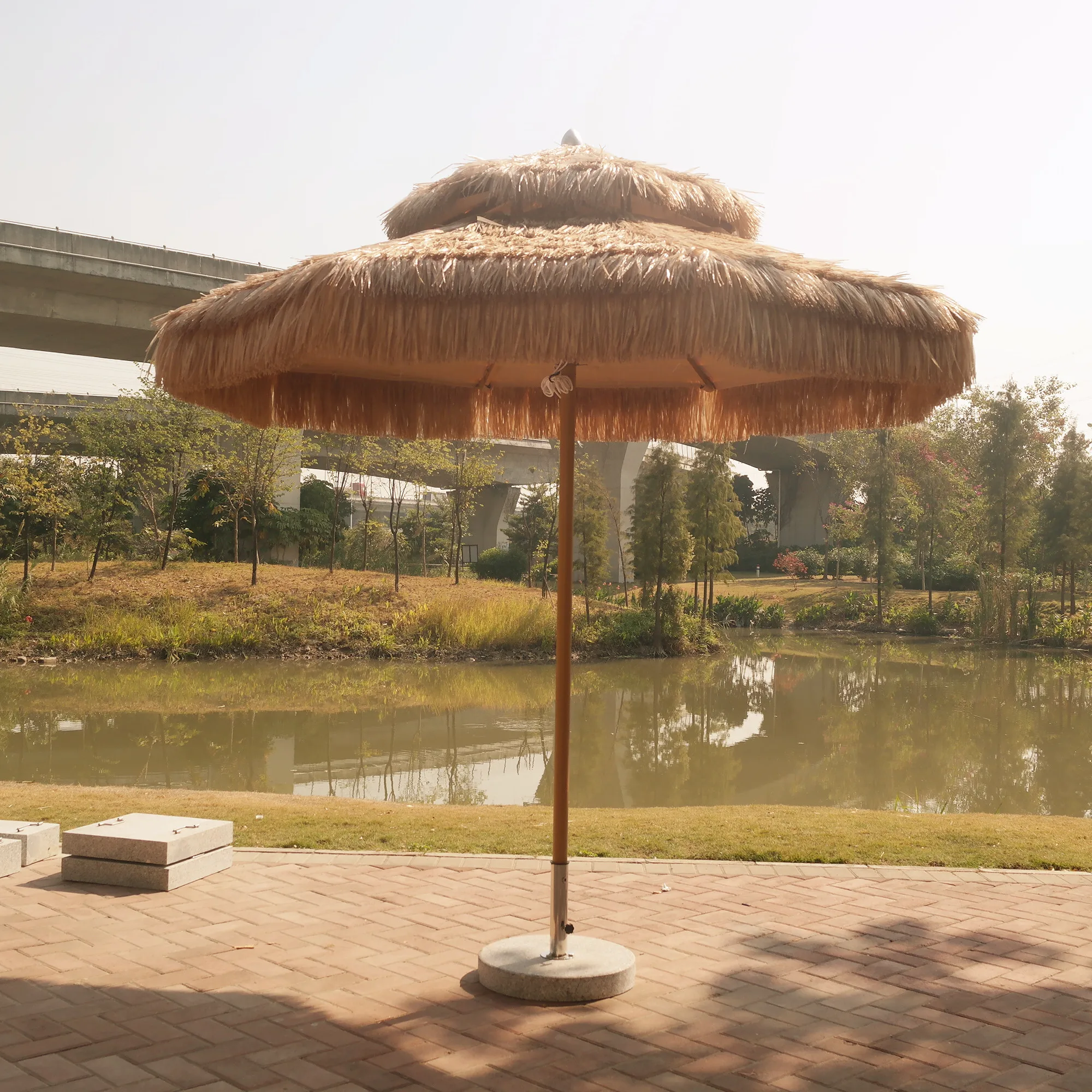 2025 Outdoor Big Size Garden Patio Outdoor Umbrella Double-layer Thatch Umbrella With Base Use For Villa Hotel Pool Beach Cafe