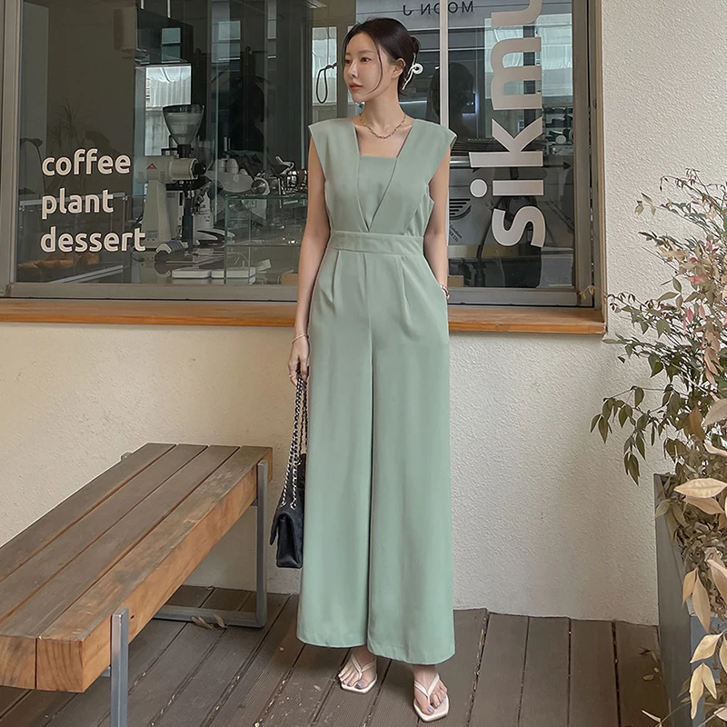 

Faionable High Waist Straight Leg Jumpsuit Women's Summer New Sle Knee-Length Zipper ket Detail Wide Leg Pants