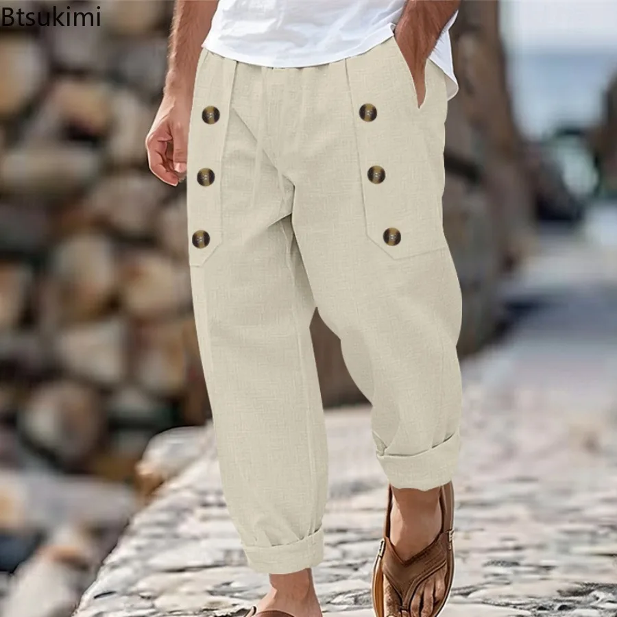 2026 New Men's Fashion Casual Beach Trousers Spring and Autumn Leisure Multi-Button Comfortable Cotton and Linen Loose Trousers