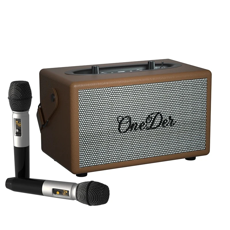 Oneder D7 40W High Power Bluetooth Speakers Outdoor Karaoke Family Singing Vintage Leather Handheld Wireless Sound with Two Mic