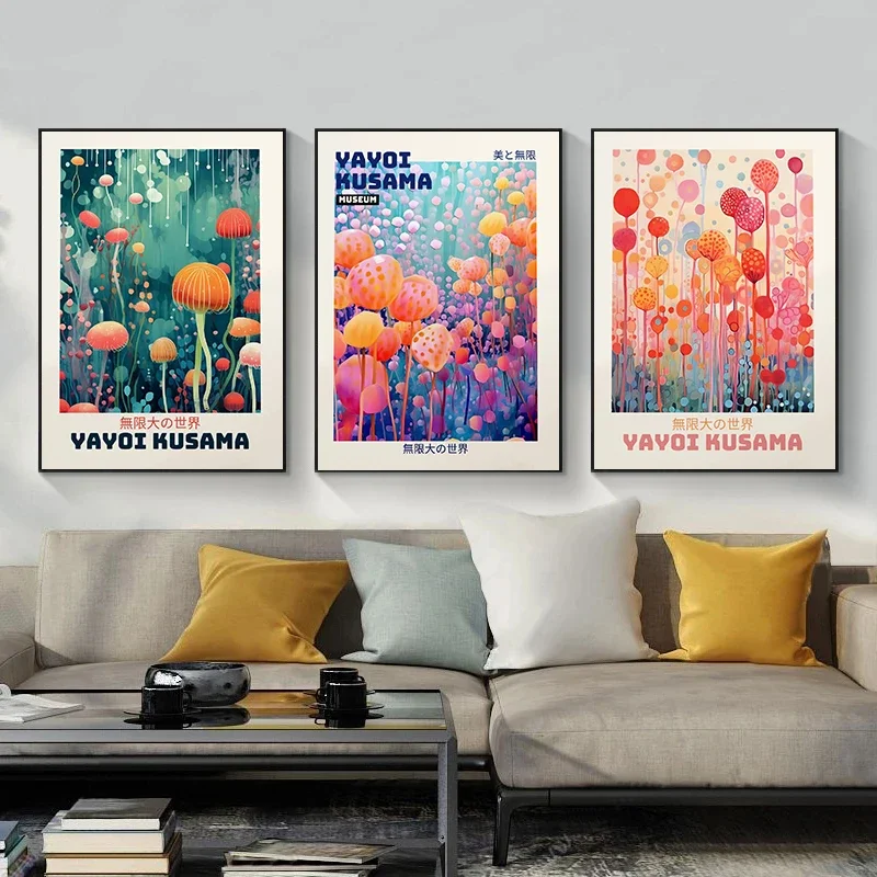 1pc frameless Canvas Painting Yayoi Kusama Infinite World Colorful Jellyfish Poster Nordic Japanese Canvas Painting Wall Art Exh