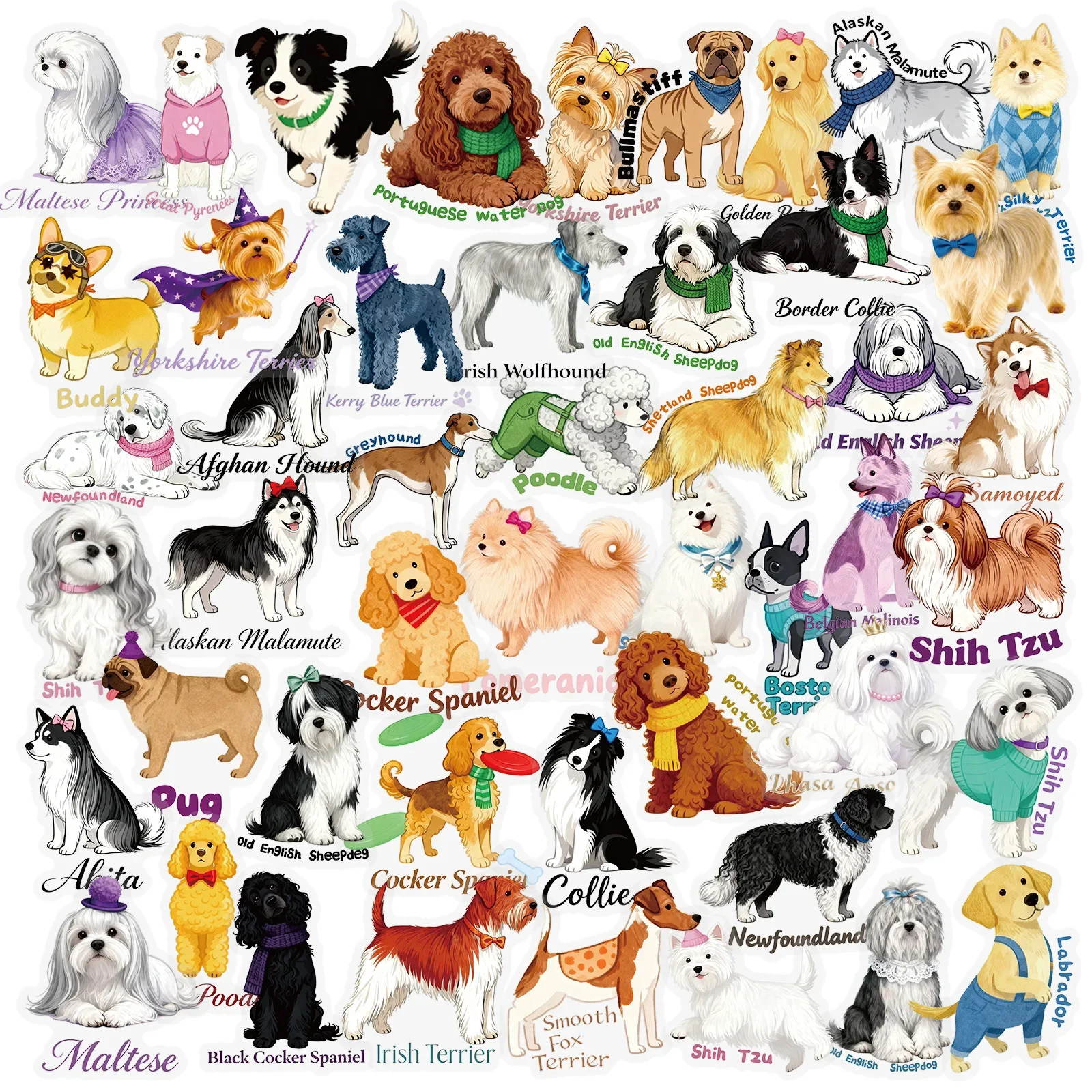 50 SZTUK Uroczych Naklejek z Kreskówkowymi Psy, Graffiti PET, Kawaii Zwierzęta, Przezroczyste Naklejki DIY na Bagaż, Telefon, Gitarę, Album do Wyklejania, Zabawki dla Dzieci
