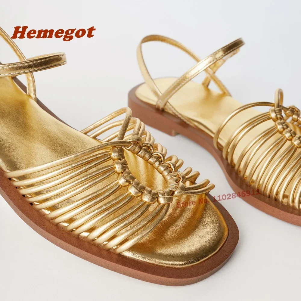 

Gold Weaven Roman Sandals Open Toe Ankle Strap Buckle Women's Sandals Slingback Flat Low Heels Metallic Summer Newest Shoes 2024