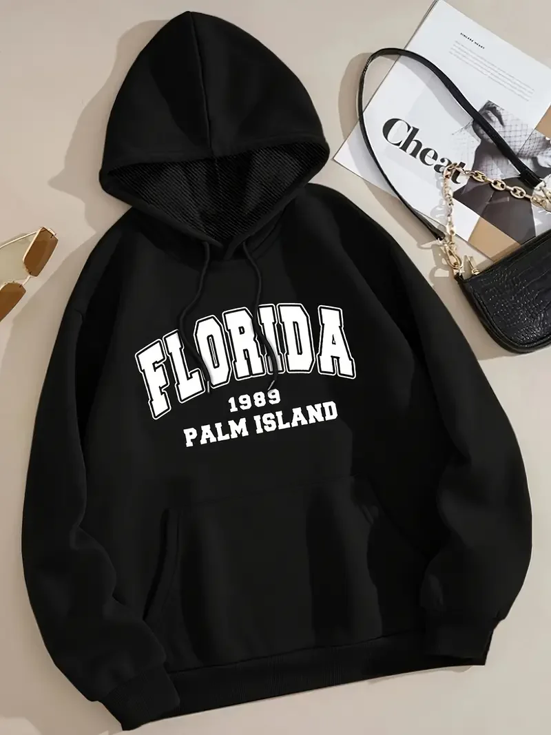 Women's Casual Pullover Hoodie With Florida 1983 Palm Island Graphic, Fashionable All-Match Style, Comfort Fit - Available In Mu