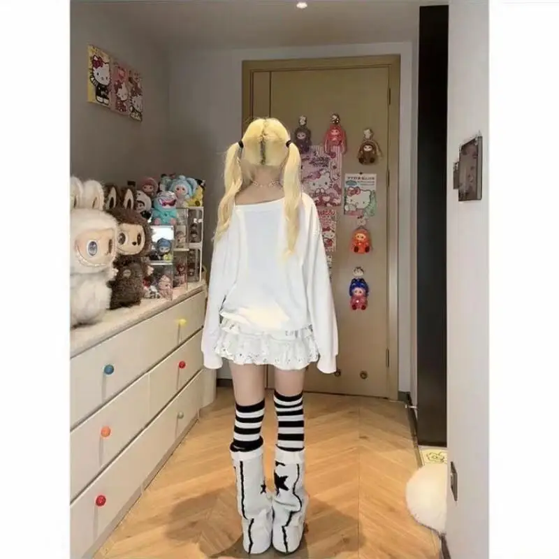 Sanrio hello kitty impresso fora do ombro manga comprida moletom solto outono topo kawaii anime moda casual moletom, conjuntos