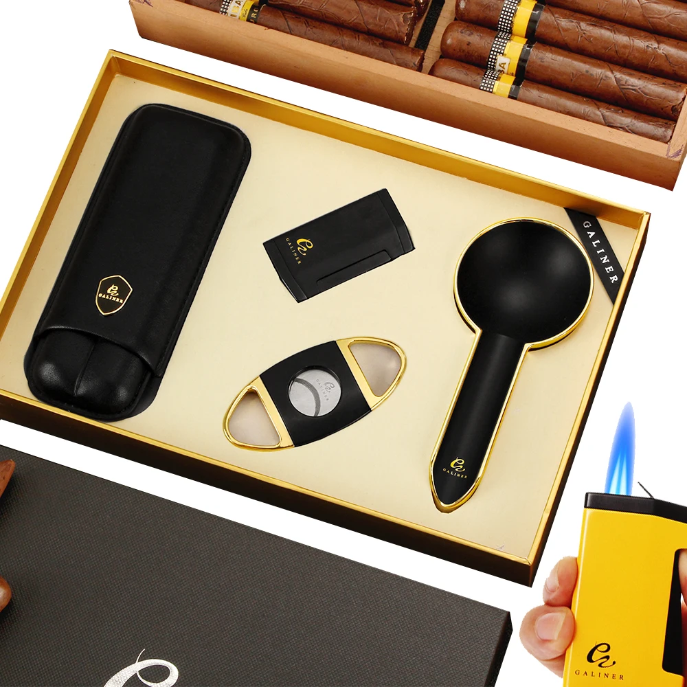

GALINER 4-Pieces Cigar Set Travel 2 Tube Cigar Case Portable Butane Gas Lighter Cigar Cutter Metal Ashtray