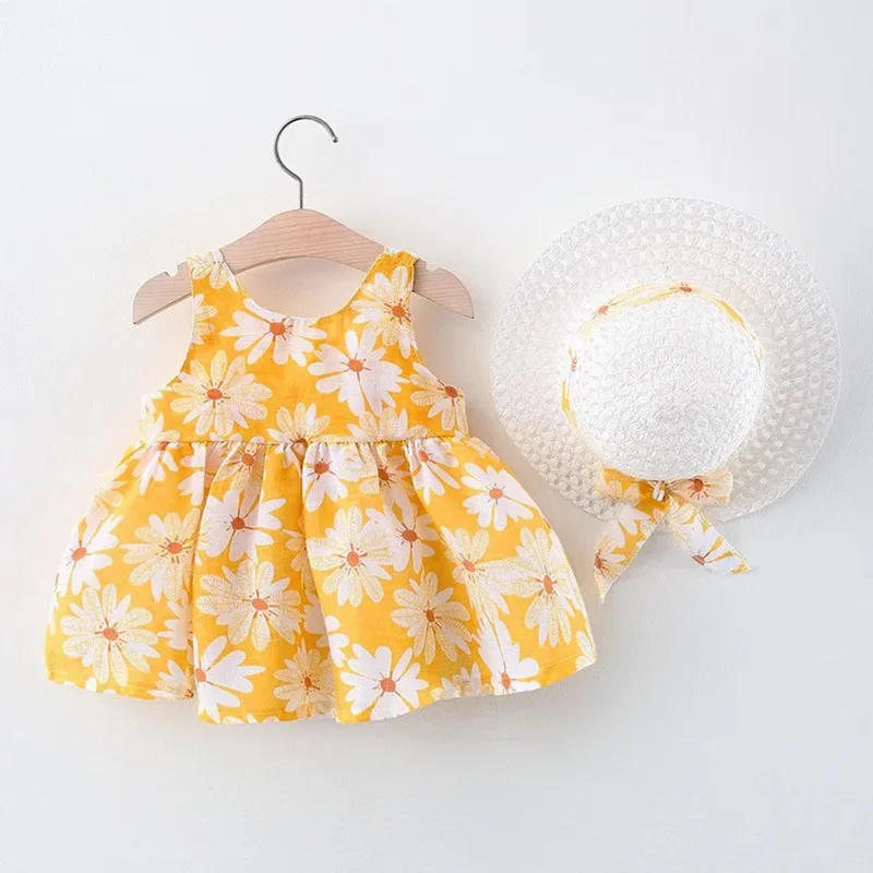 2 PCS Summer New Girl Dress Small Chrysanthemum Hanging Strap Big Bow Princess Dress Party Dress 0-3 Years Old