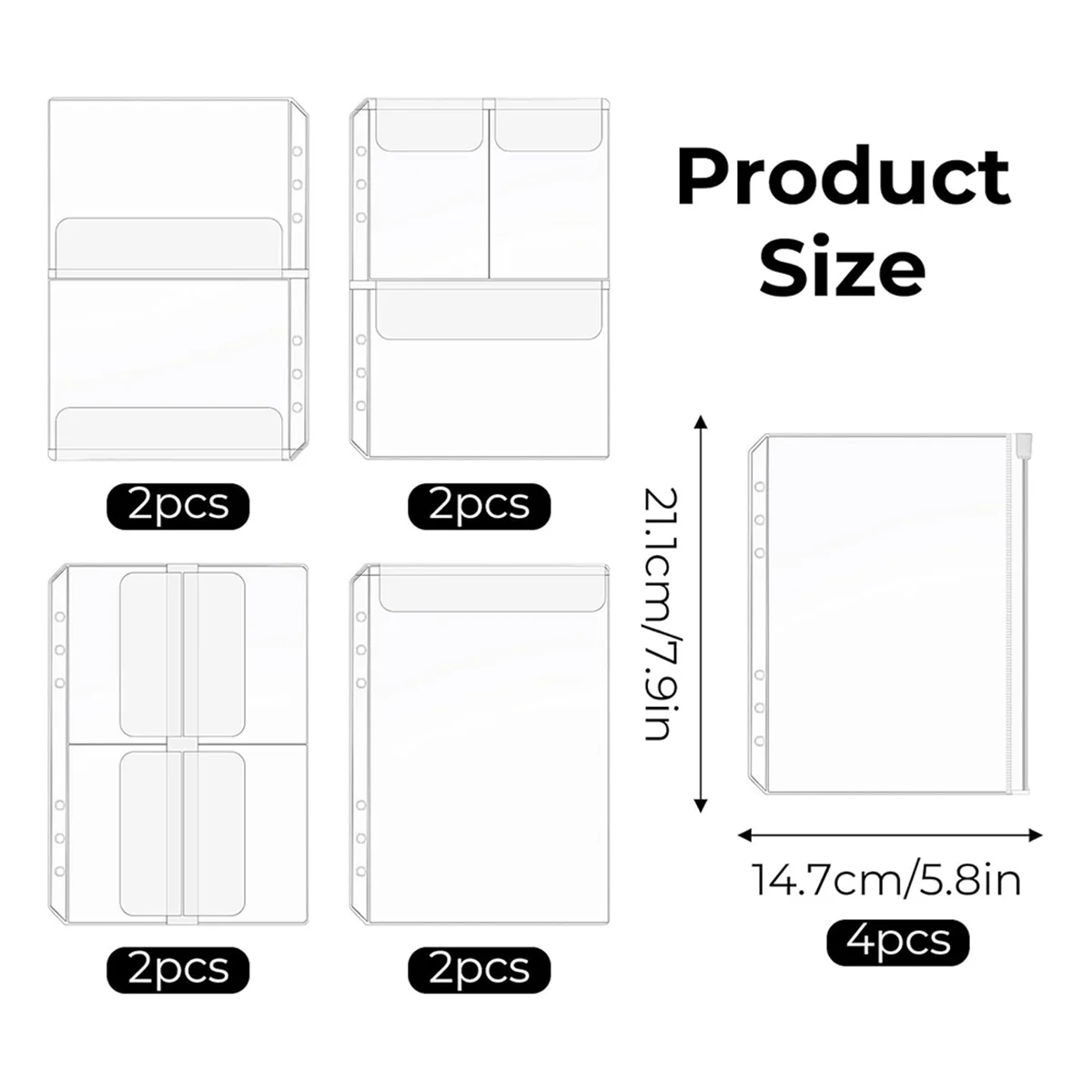 مجموعة جيب ABGV A5، 12 قطعة 6 فتحات غلاف مقاوم للماء من مادة PVC فضفاضة على شكل أوراق شجر شفافة وحقيبة مستندات بسحاب