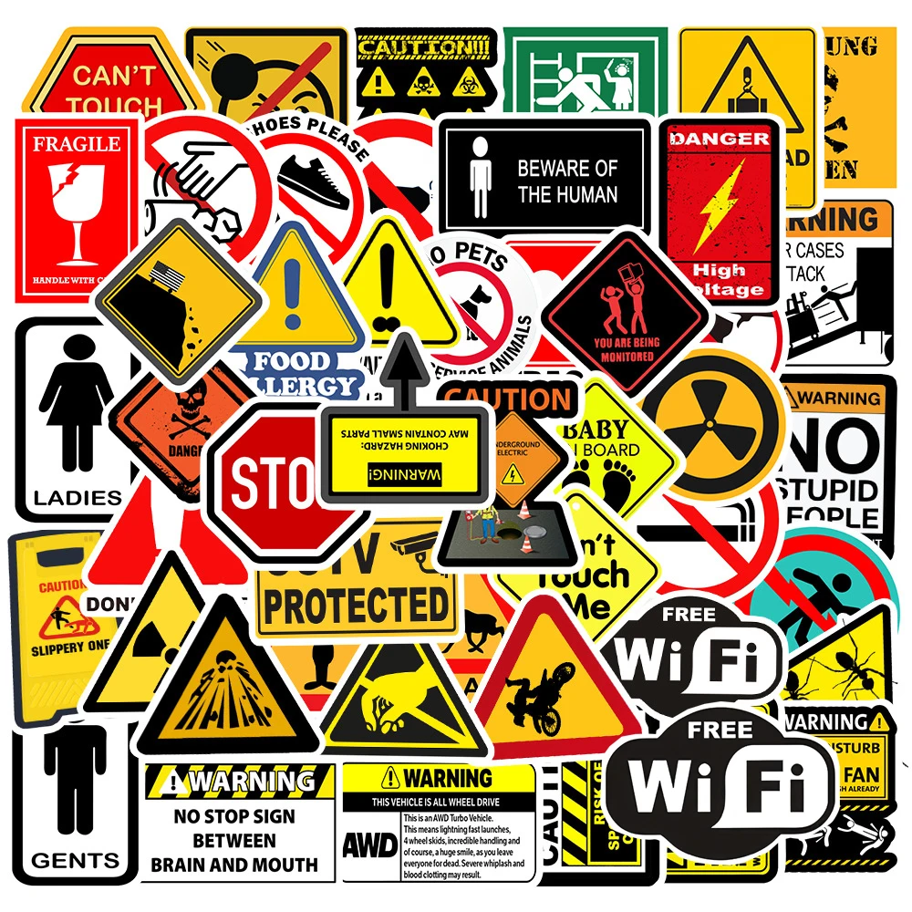 10/30/50pcs Warning Signs Graffiti Stickers Funny Danger Banning Pattern Decals DIY Phone Laptop Motorcycle Notebook Sticker Toy