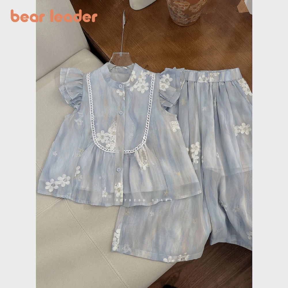 

Bear Leader 2025 Summer Kids Clothes Girls Embroidery Blue Flying Sleeve Single Breasted Shirt Top+Wide Leg Pants Two Piece Set