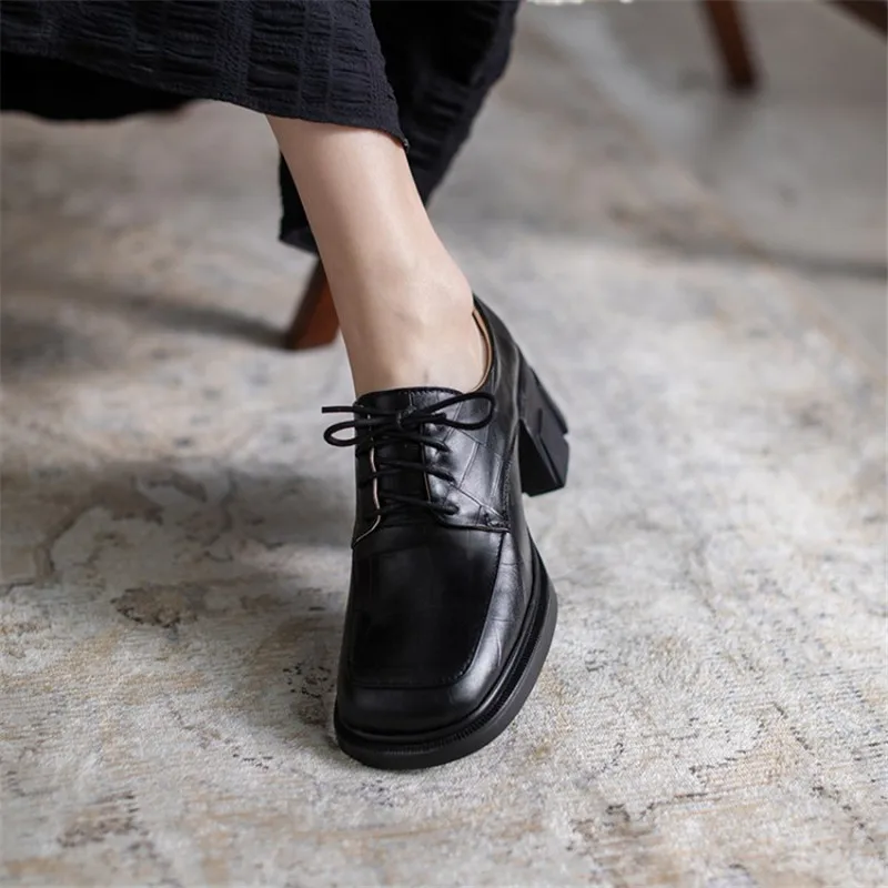 New Spring/Autumn Women Pumps Square Toe Lace-Up Chunky Heel Women Shoes Solid Platform Soft Leather Puls Size 42 Famele Shoes