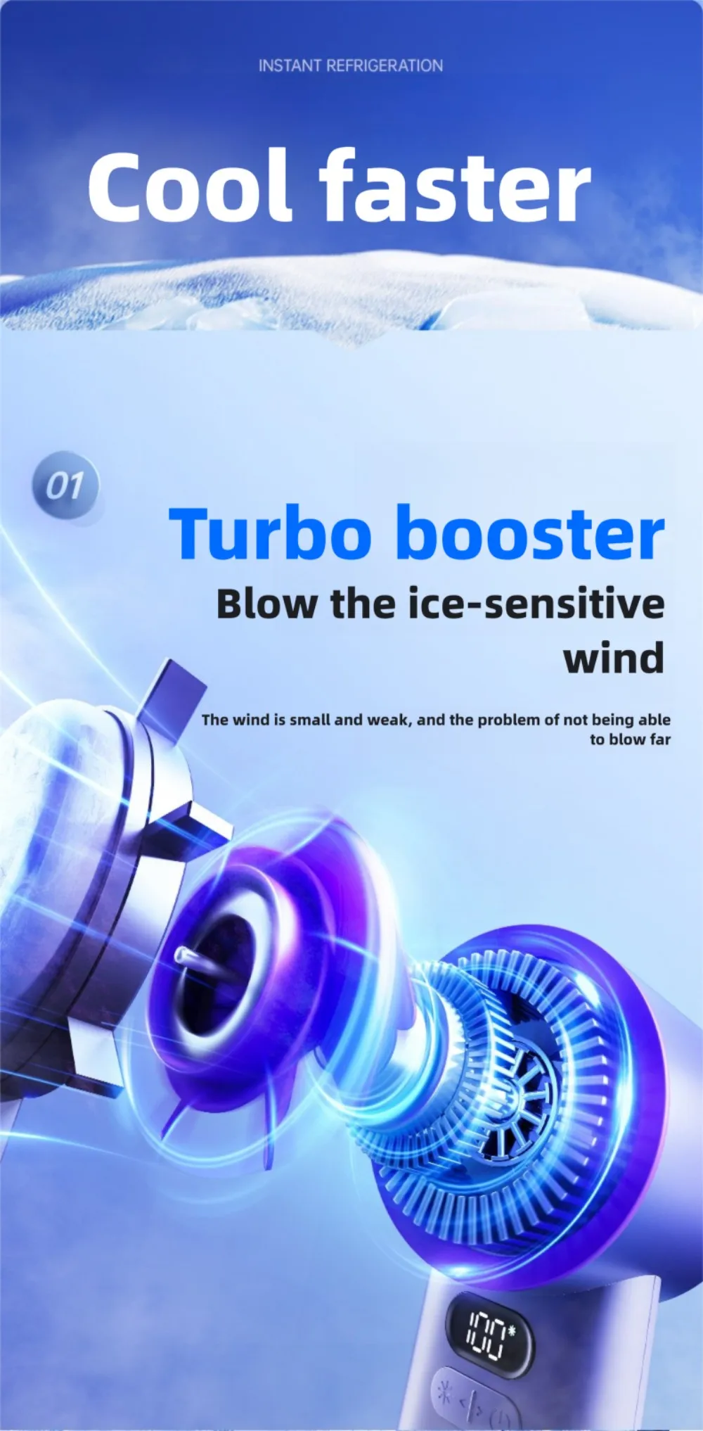 Handgehaltener Luftkühlungs-Mini-Turbo-Jet-Ventilator 4000mAh 100 einstellbare Geschwindigkeiten Tragbarer Eiskompressions-Ventilator für schnelle Kühlung im Freien – Detail 16
