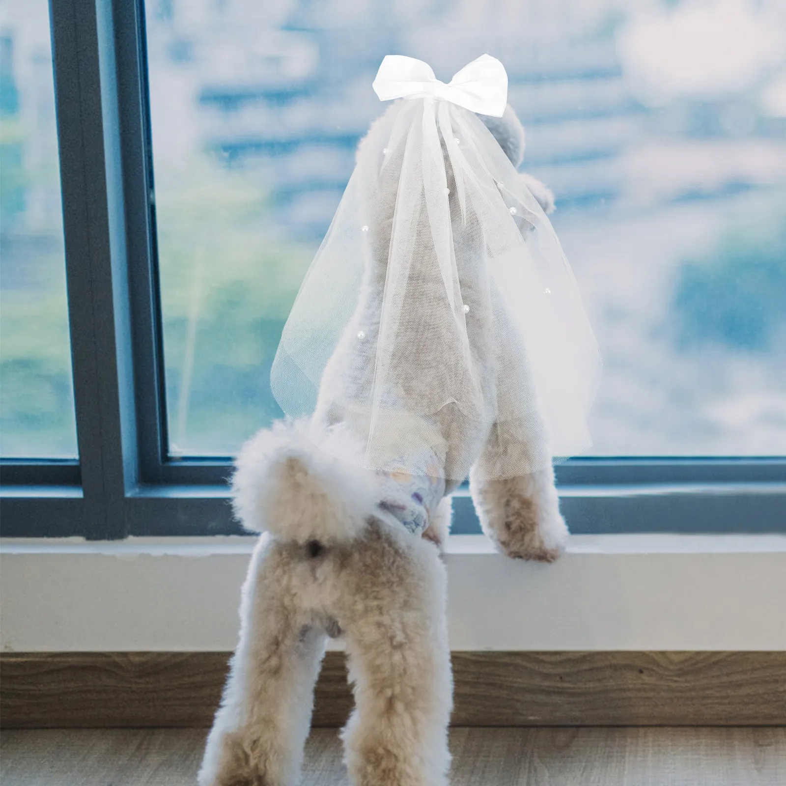 

Bow Wedding Bow Veil for Dog Pet Costume Cat Bride Costume Bridal Pearl Wedding Veil Decor Gauze One Size Pet Accessories