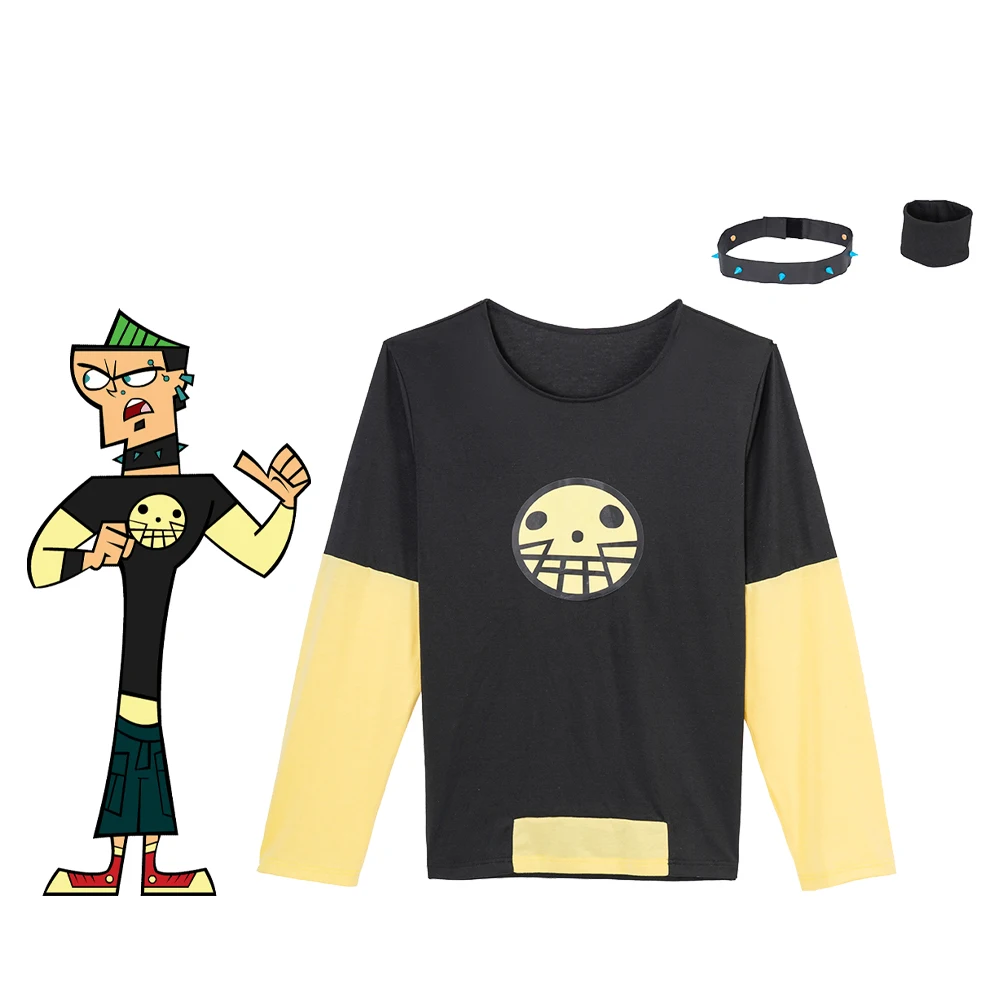 Total Drama Island Cosplay Duncan Costume Duncan Yellow Print TShirt Casual Long Sleeve Tops with Choker Halloween Party Outfits