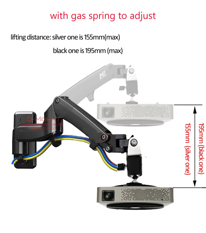 F150PR-A 2-7kg 3-12kg Gas spring projector mount wall bracket full motion rotate aluminum with projector hook tray 1/4 screw