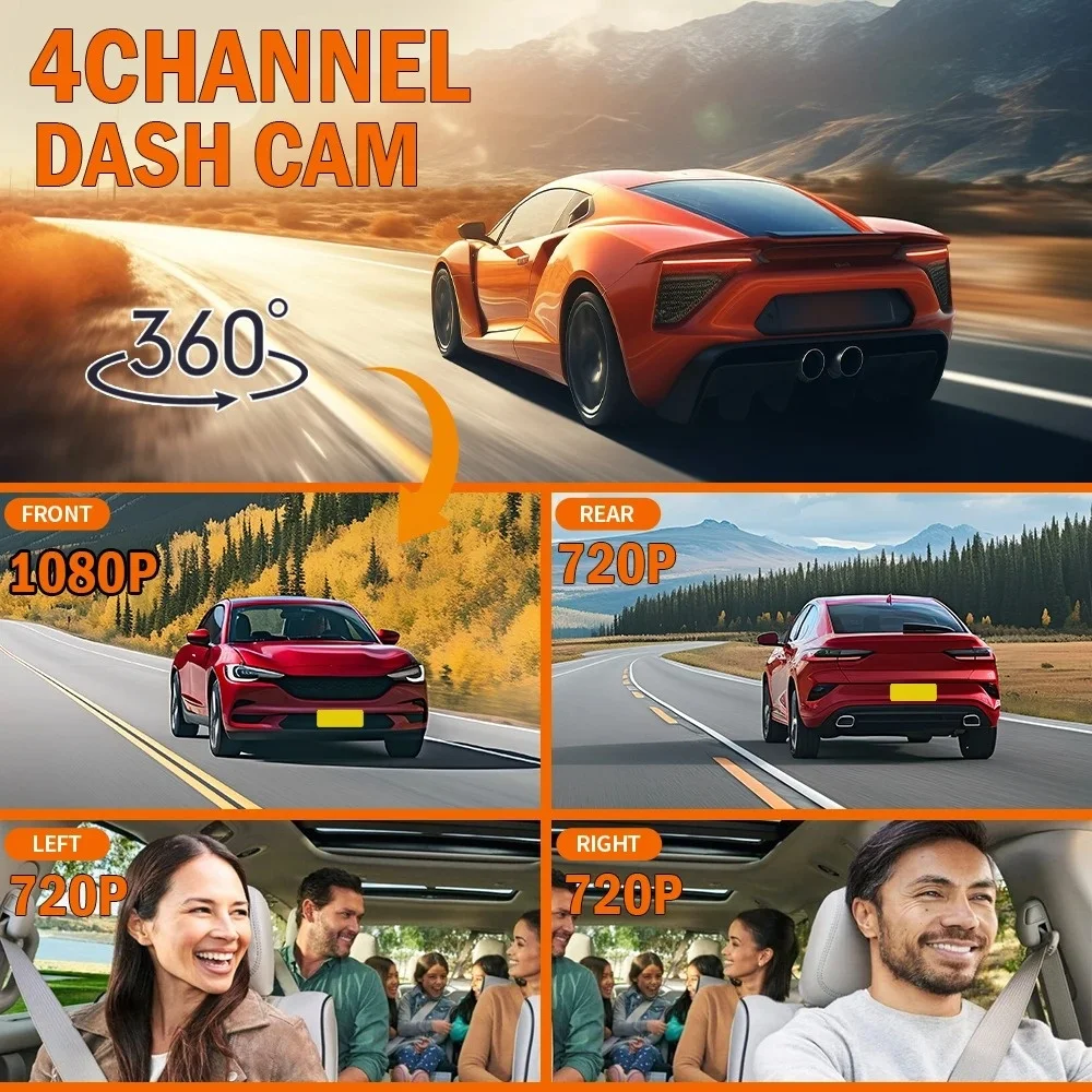 Dash Cam 3.16-inch Car Driving Recorde 360° Rotating with Four Lens 1080P Rear/Left/Right 720P,WiFI Night Vision, Loop Recording