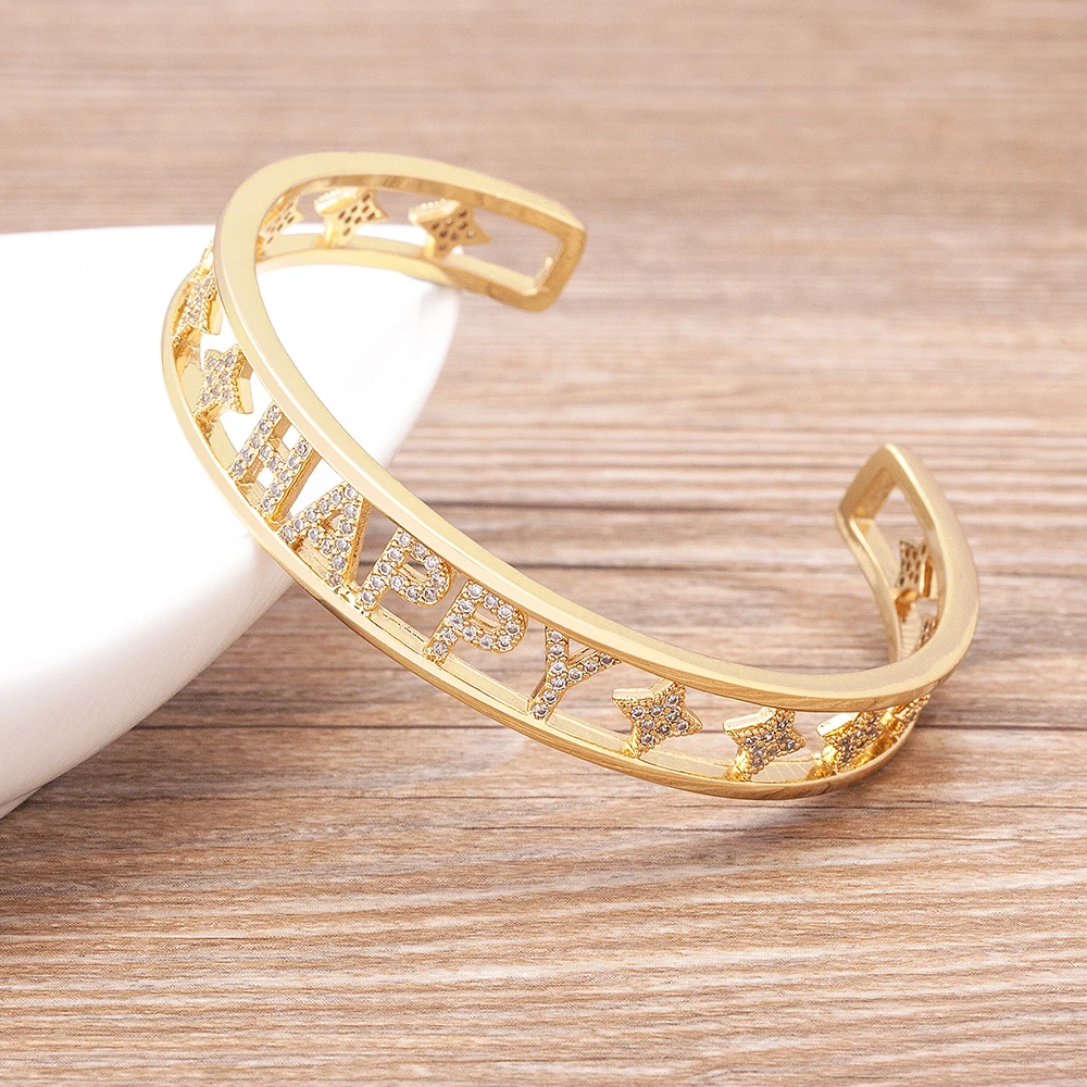 Top Qualität Personalisieren Gold Farbe Hohl GLÜCKLICH Brief Öffnung Manschette Armreif Für Frauen Mädchen Mode Party Schmuck Geschenk