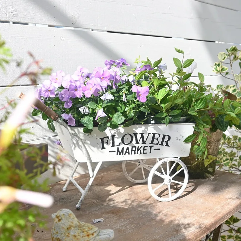 Vintage Iron Hand Cart for Plant Pots Unique Garden Storage Decor Retro Outdoor Planter Display Stand Artistic Yard Organizer