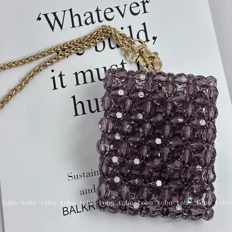 

Little Square Crossbody Bag Metal Chain Customized Beach Purse for Ladies Original Homemade Pearl Beaded Mini Orange Bags