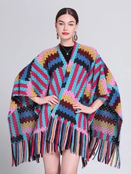 GypsyLady Bohemian Striped knitted Cloaks Capes Autumn Winter Warm Women Knitted Hippie Ethnic Capes Cloak Poncho Outwear New