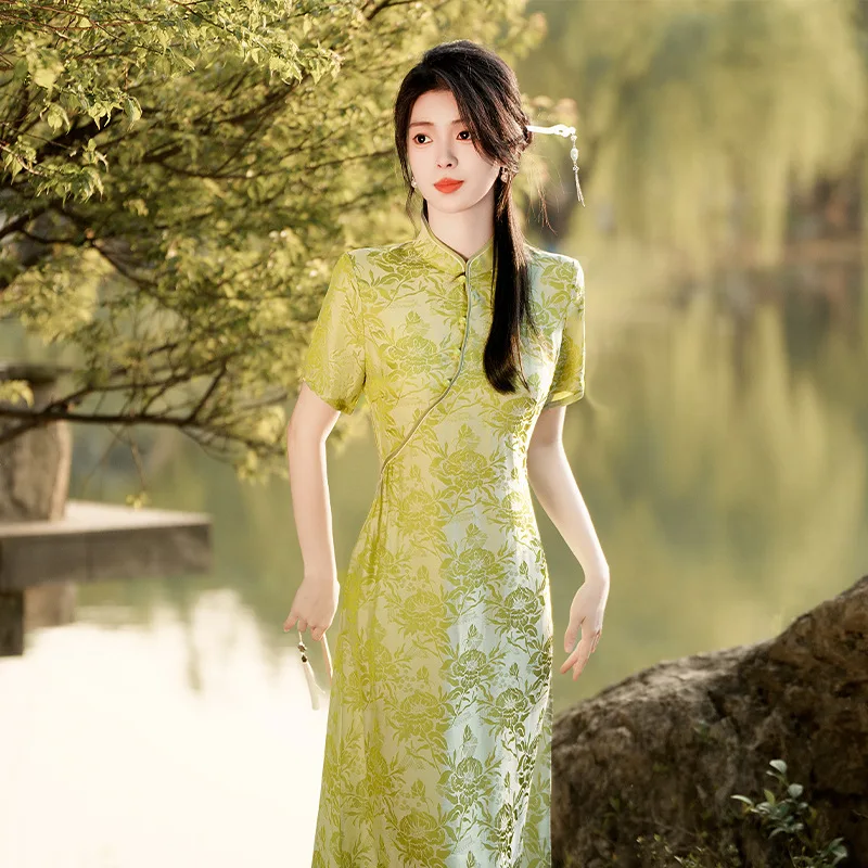 

Yourqipao 2023 Summer Green Cheongsam Mid-length Jacquard Single-layer Modern Qipao Skirt Chinese Style Evening Dress for Women