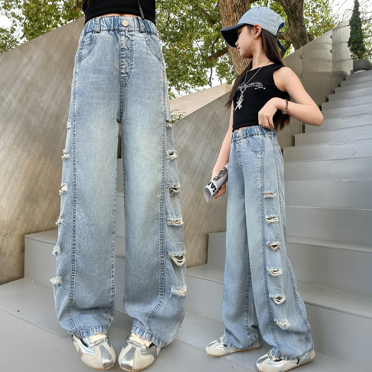 

Teenage Girls Jeans With Side Hole Casual Fashion Summer Kids Wide Leg Ripped Jeans Pants School Children Denim Trousers 10 12Y