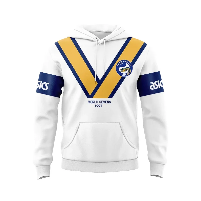 

1997 PARRAMATTA EELS MENS SEVENS RETRO RUGBY Hooded JERSEY size S--5XL ( Print name and number )