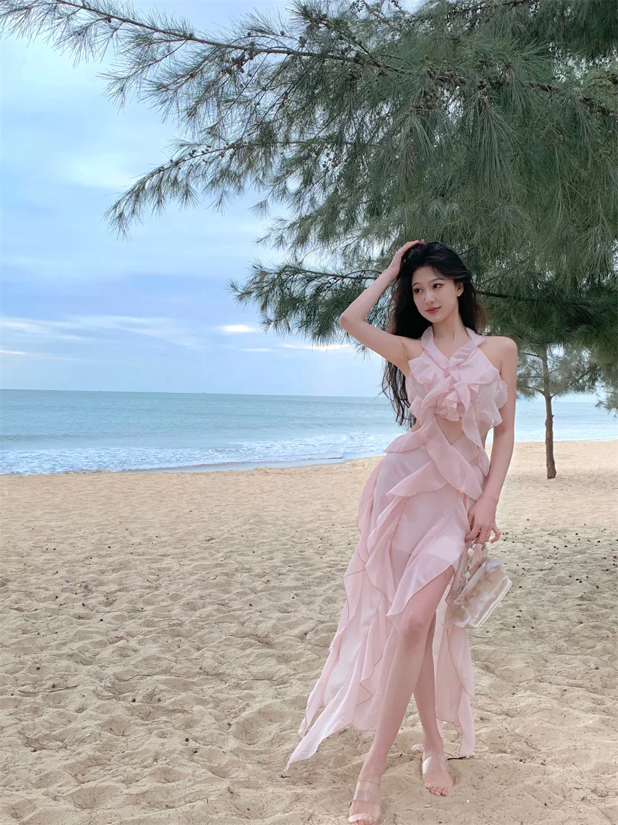 Dresses Womens Spring 2025 Winter Long-Sleeved Velvet Sashes Pleated Chiffon Sheer Flare Frill Flounce Flutter Swinging Elegant