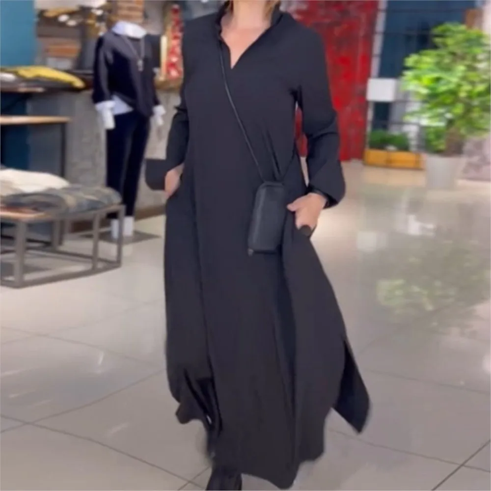 Осень-зима Ретро Свободное длинное платье Повседневное однотонное платье с v-образным вырезом и длинными рукавами с карманами и разрезом Повседневные черные пуловеры макси-платья