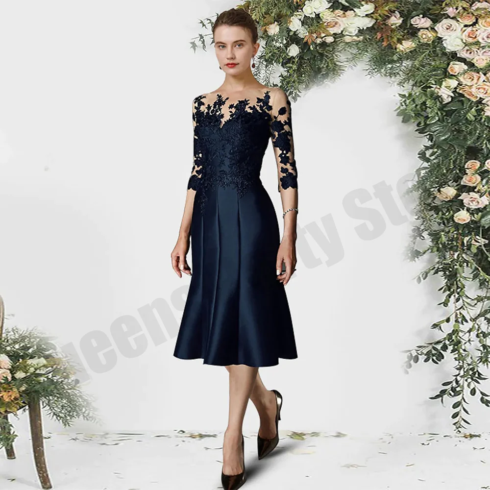 Robe mère de la mariée bleu marine, manches 3/4, encolure dégagée, appliques, longueur thé, robes de soirée en satin, courte sirène, robe d'invité de mariage