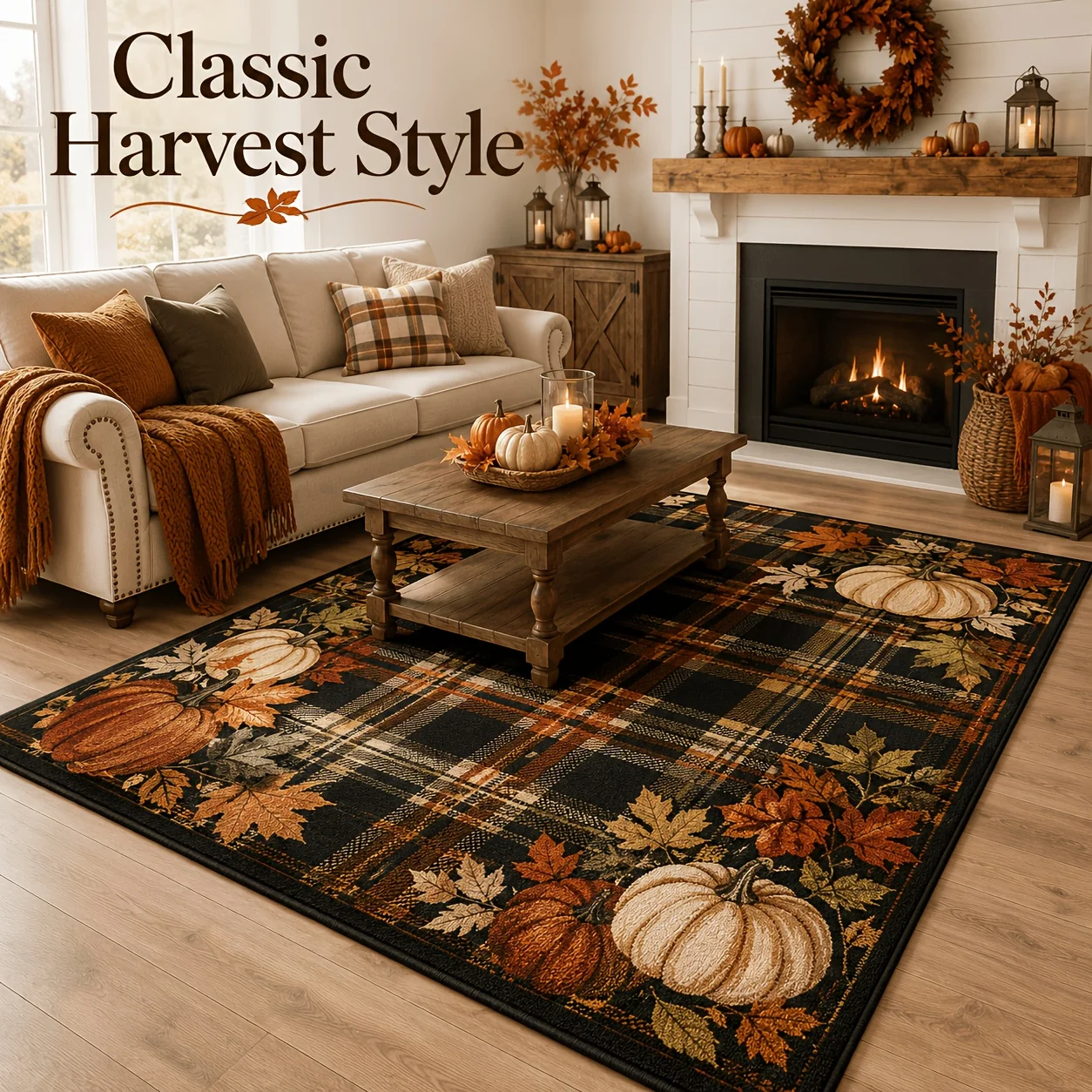 1pc Velvet Area Rug, Autumn Thanksgiving Decoration, brings an autumnal feel to your home. Plaid pumpkin design for living room and bedroom, large area rug. Soft and skin-friendly with a non-slip backing. Available in multiple sizes. Full-size area rug, o