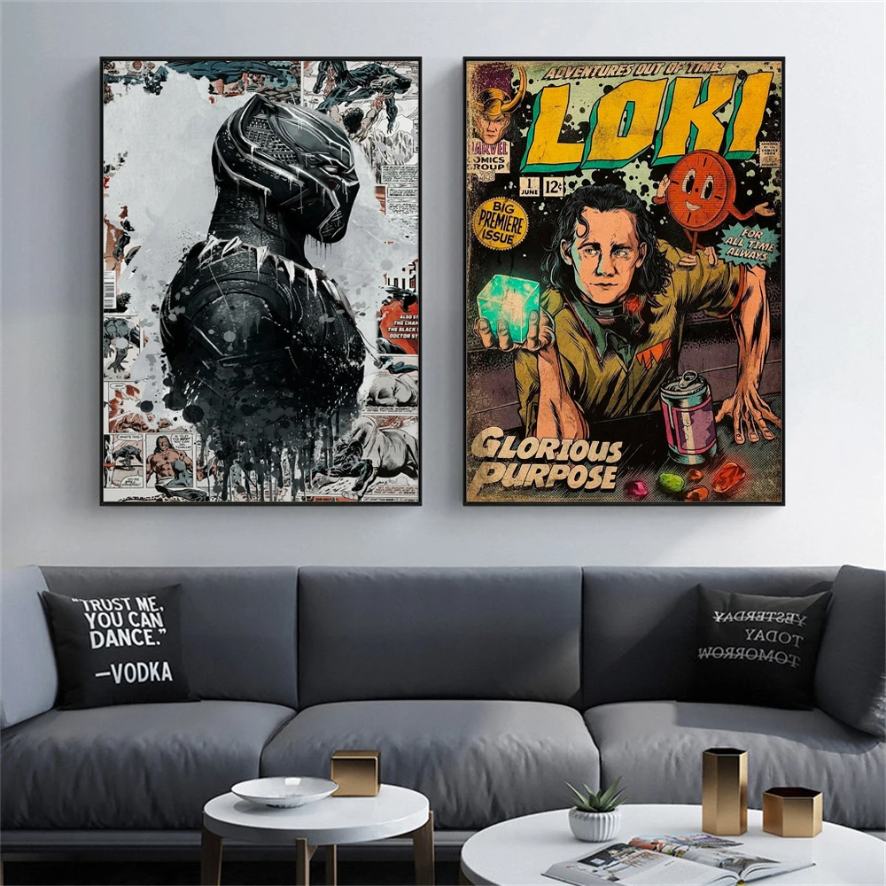 MINISO Superhero Canvas Print Black Panther Loki Canvas Poster Superhero Wall Art For Bedroom Kids Room Home Decor Gift For Kids