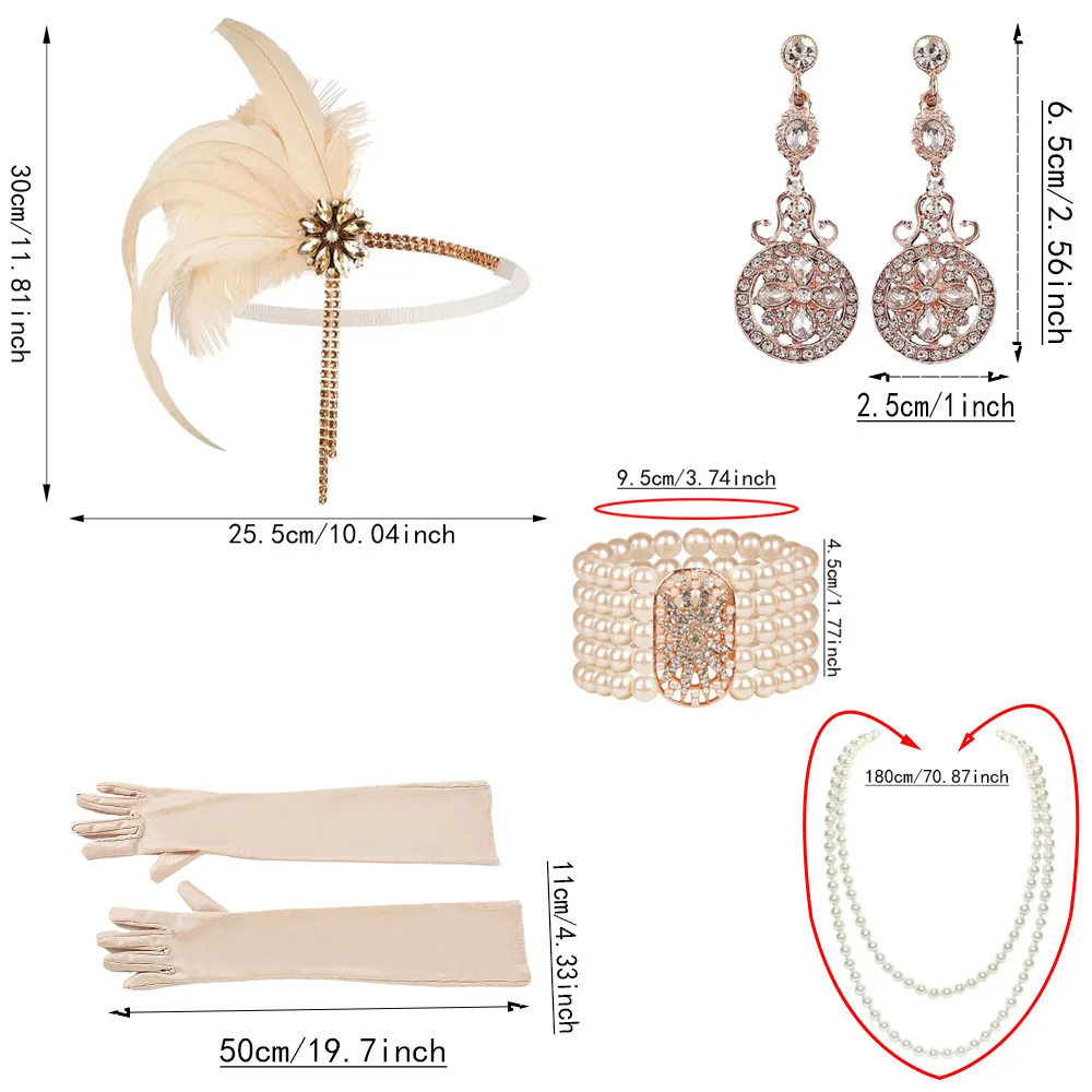 1920s Vintage Party Jewelry Set Women Rhinestone Pearl Headband Earrings Necklace Bracelet Gloves Kit Retro Gatsby Style Headpie view 5